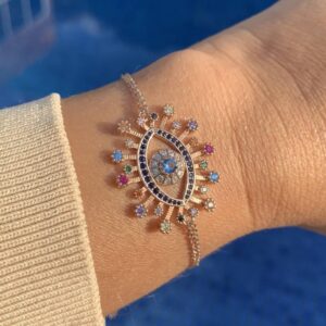 Pulseira olho grego cravejado com zircônias coloridas banho ouro rosê