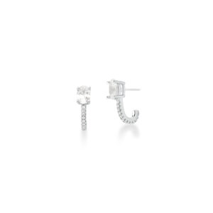 Brinco curvo com cristal oval branco banhado a ródio prata.