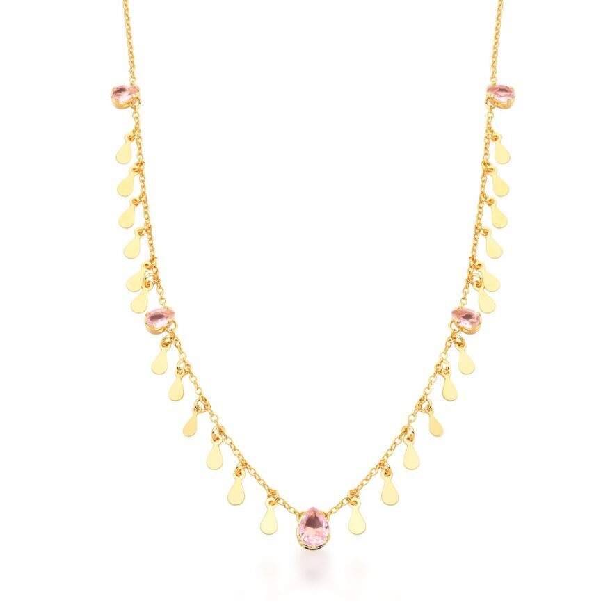 Colar cristais gota rosa e gotas lisas em banho de ouro 18K. - Imagem 2