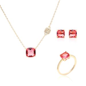 Colar cristal turmalina rosa quadrado cravejado em banho de ouro 18k. - Imagem 2