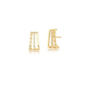 Brinco earhook três fileiras cravejado em banho ouro 18K. - Imagem 2