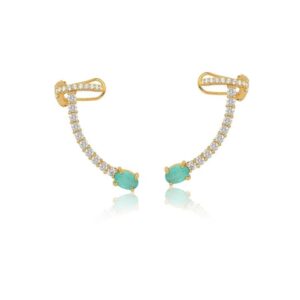 Earcuff cristal oval esmeralda cravejado com zircônias com brancas com piercing fake em banho de ouro 18k.