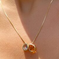 Colar duas gotas cristal citrino e tanzanita banho ouro 18k.