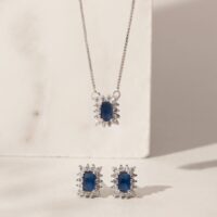 Conjunto com pingente retangular safira azul em Prata 925.