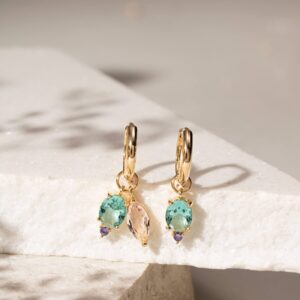 Brinco argola com pingentes cristal paraíba e morganita em banho ouro 18k. - Imagem 2