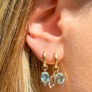 Brinco argola com pingentes cristal paraíba e morganita em banho ouro 18k.