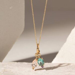 Colar com pingentes cristal paraíba e cristal morganita em banho ouro 18k. - Imagem 2