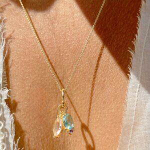 Colar com pingentes cristal paraíba e cristal morganita em banho ouro 18k.