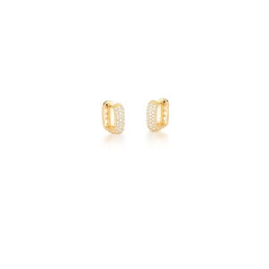 Argola pequena quadrada cravejada com zircônias brancas em banho ouro 18k.