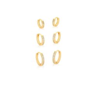 Kit com 3 pares de argolas decrescentes cravejadas com zircônias em banho ouro 18k.