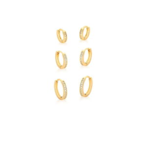 Kit com 3 pares de argolas decrescentes cravejadas com zircônias em banho ouro 18k.