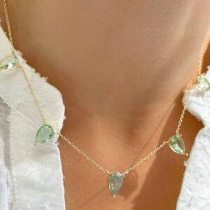 Colar 5 gotas cristal rutilado berilo e cristal ametista verde em banho ouro 18k.