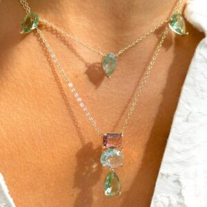 Colar 5 gotas cristal rutilado berilo e cristal ametista verde em banho ouro 18k. - Imagem 3
