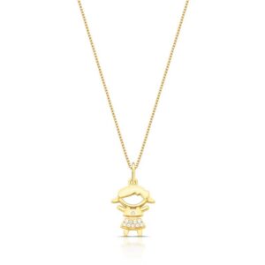 Colar com pingente menina vazado cravejado com zircônias brancas em banho ouro 18k.