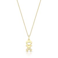 Colar com pingente menino vazado cravejado com zircônias brancas em banho ouro 18k.