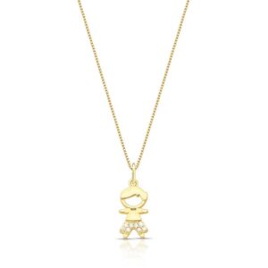 Colar com pingente menino vazado cravejado com zircônias brancas em banho ouro 18k.