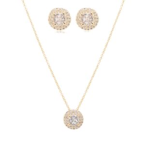Conjunto redondo cravejado com zircônias brancas em banho ouro 18k. - Imagem 6