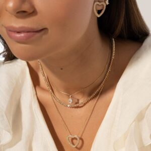 Conjunto Coração Vazado com Zircônias Champagne em  Banho de Ouro 18k. - Imagem 5