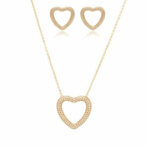 Conjunto Coração Vazado com Zircônias Champagne em  Banho de Ouro 18k. - Imagem 6