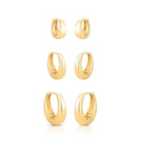 Kit com 3 pares de argolas redondas lisas em banho ouro 18k.