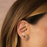 Kit com 3 pares de Brincos de Ovais de Cristal Esmeralda, Cristal Rodolita e Cristal London Blue em Banho Ouro 18k.