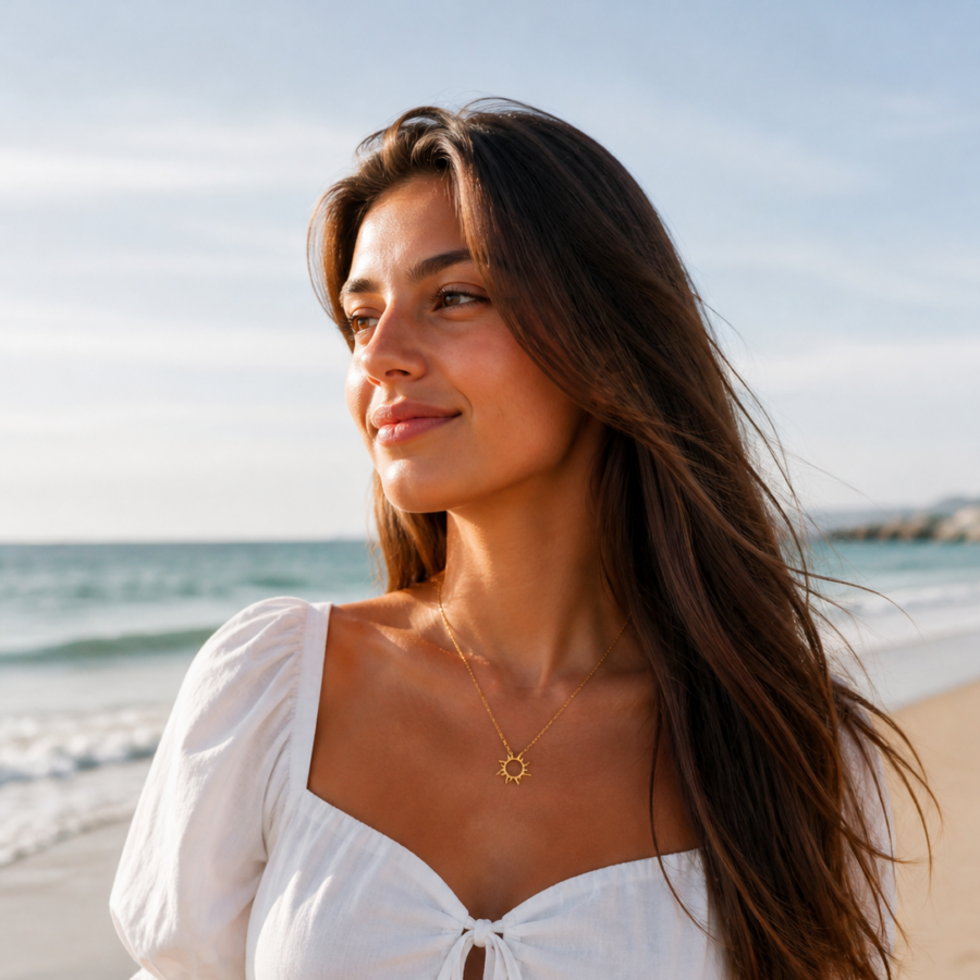 Colar bolinhas intercaladas com pingente sol em banho ouro 18k. - Imagem 4