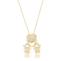Colar com coração e pingente 2 meninas cravejados banho ouro 18k.
