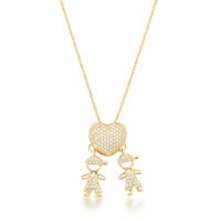 Colar com coração e pingente 2 meninos cravejados banho ouro 18k.